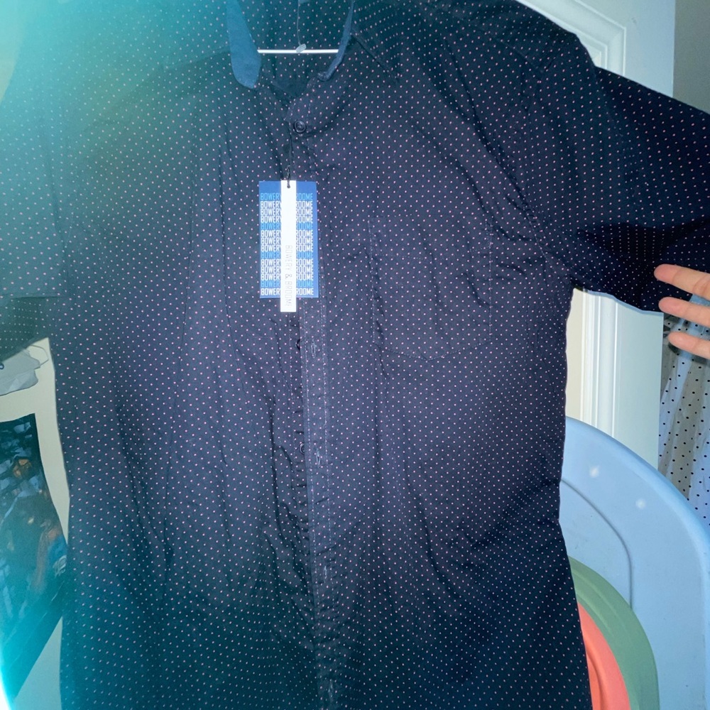 Bowery & Broome Navy Shirt with Red Dots